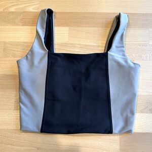 YPB taupe and black workout bra crop top